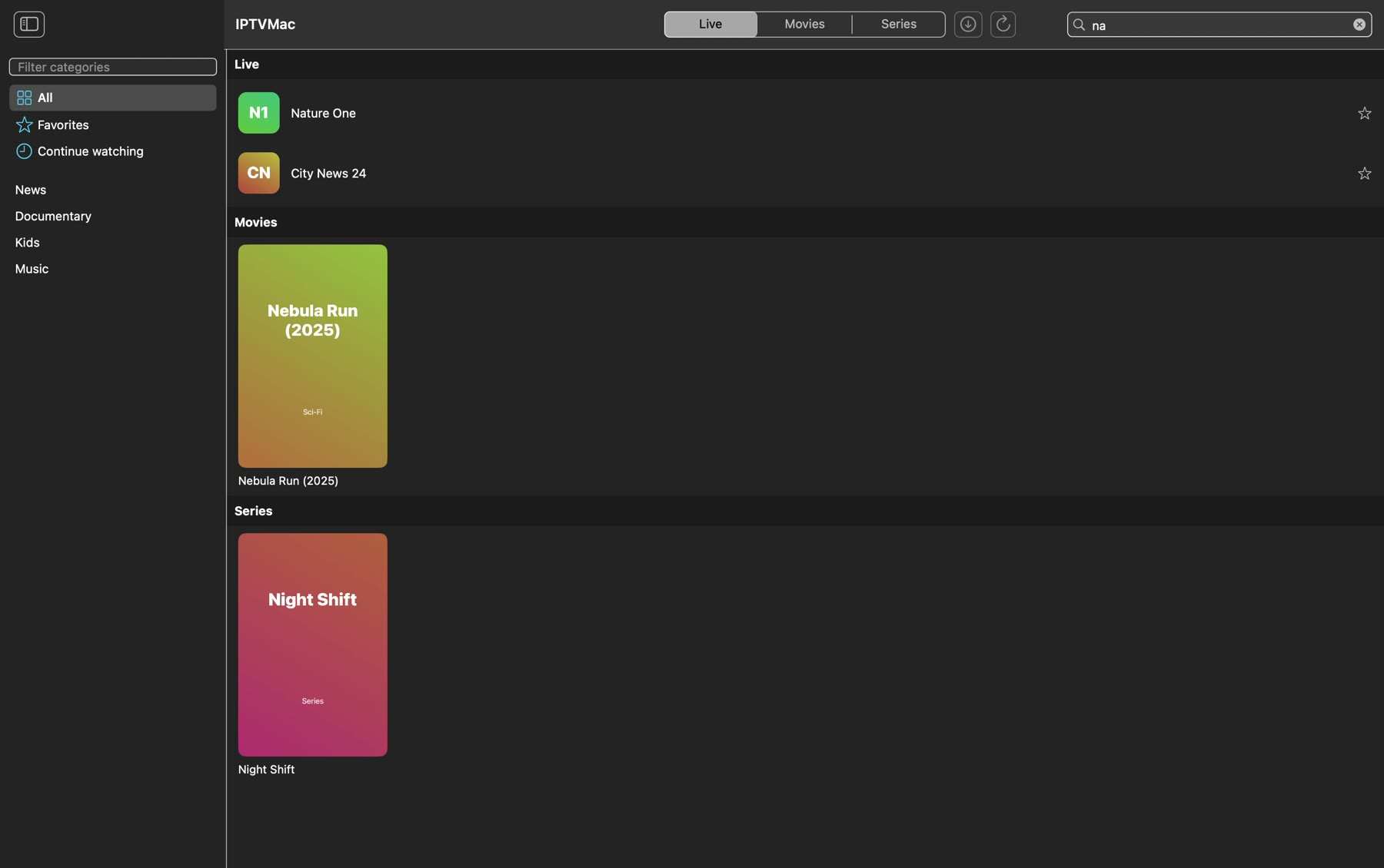 IPTVMac global search results grouped by live, movies and series