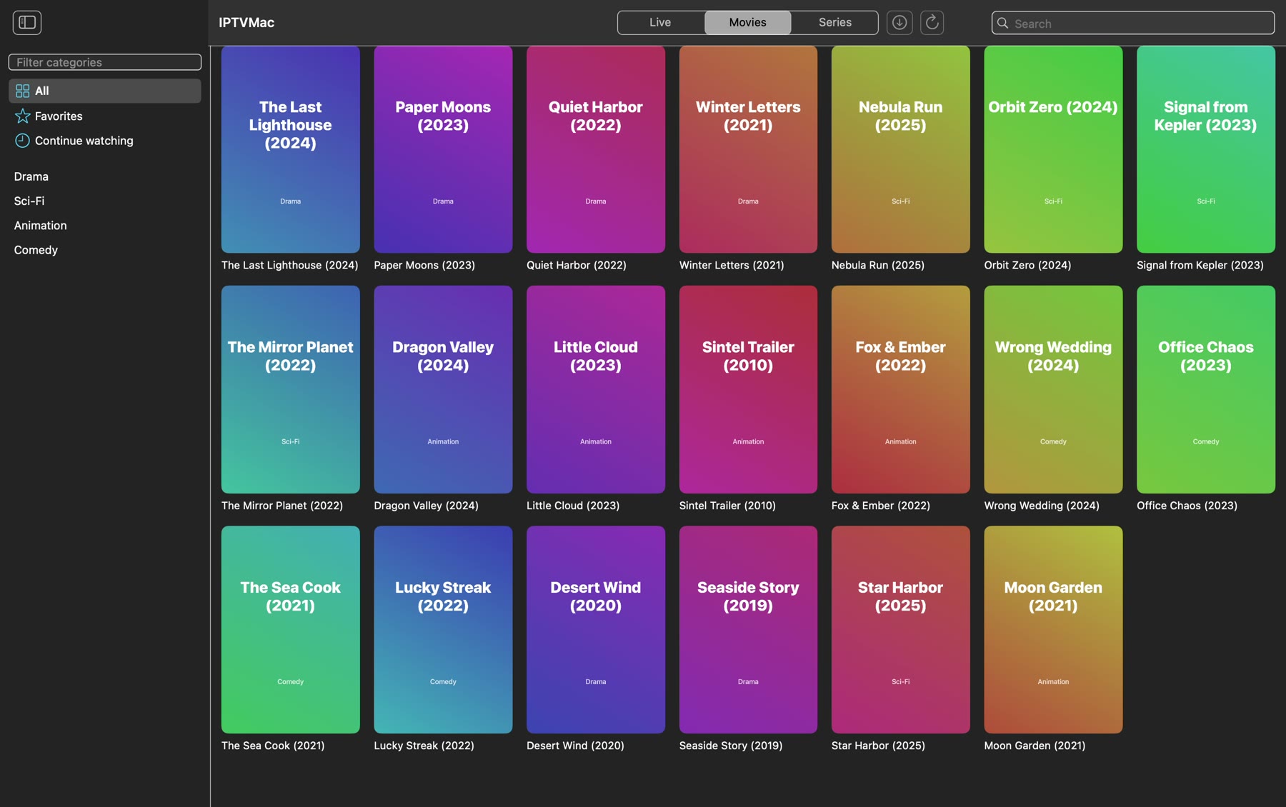 IPTVMac movies screen with poster grid and category sidebar